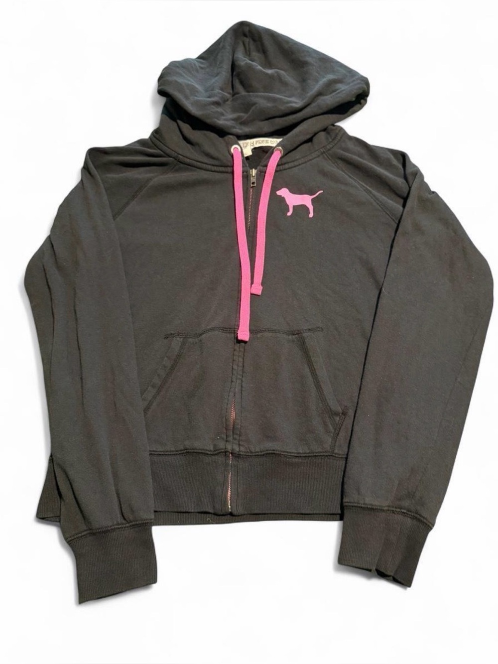 Vintage rare Y2K Victoria's Secret PINK black zip up hoodie with pink drawstring